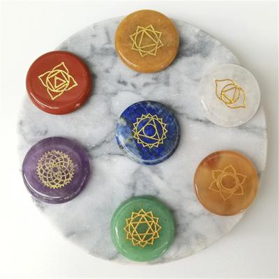 China Europe Gemstone Reiki Crystal with Symbols Palm Engraved Holistic Balancing Polished Stones Set Crystal Seven Chakra Engraved Stone for sale