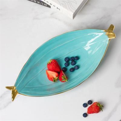 China Art Decor sky blue banana feather shape restaurant dish modern dish wedding porcelain ceramic dish for sale