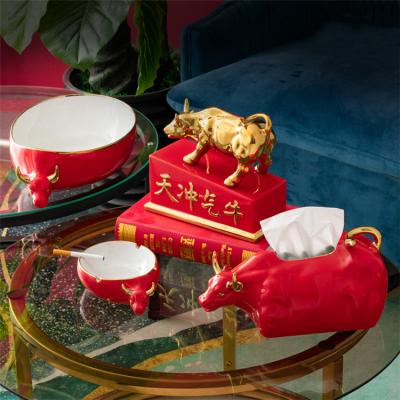 China Hot Sale Stocked Glazed Red Cow Tissue Box Ceramic Fruit Bowl Modern Home Decor Creativity Art Ornaments for sale