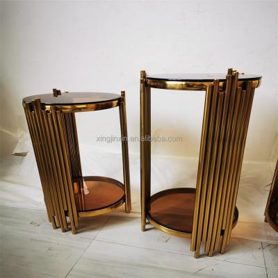 China Expandable Modern Luxury Indoor Decorative Furniture Glass Top Gold Steel Low Flower Stand for sale