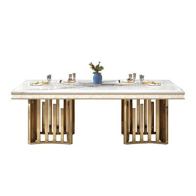 China (Other) Stainless Steel Adjustable Leg Dining Table With Chairs Modern Luxury Marble Stone Metal Dining Tables Top Set for sale