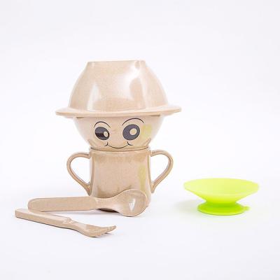 China Sustainable Cute Biodegradable Cute Flat Fork Spoon Cup Ear Bowl Smile Kid Grade Silicone Sucker Tableware Sets Rice Husk Dinner Set for sale