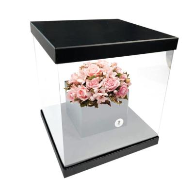 China Wholesale Recyclable Luxury Custom Logo PVC Square Black Mather's Day Flower Hat Bouquet Gift Packaging Box for sale