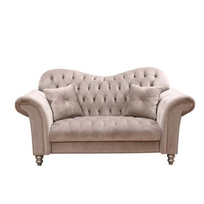 China Other traditional living room sofas have rolled arms and turned silver wooden legs with beige velvet fabric for sale