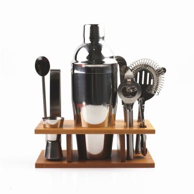 China Cocktail Shaker Set Professional Barware Tools Bartender Kit Bar Accessories Jigger Cocktail Shaker Set Stainless Steel Wooden Stand Logo Customized for sale