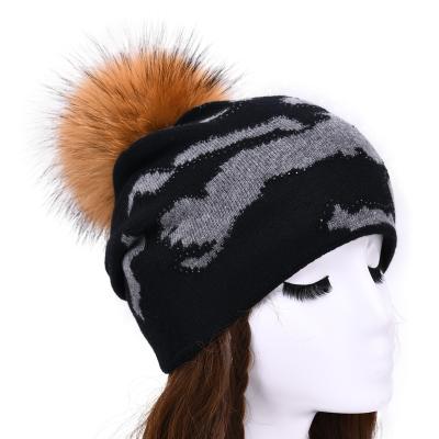 China COMMON Custom Wholesale Unisex Winter Knit Raccoon With Hat Imperial Pom Pom Camo Beanie for sale