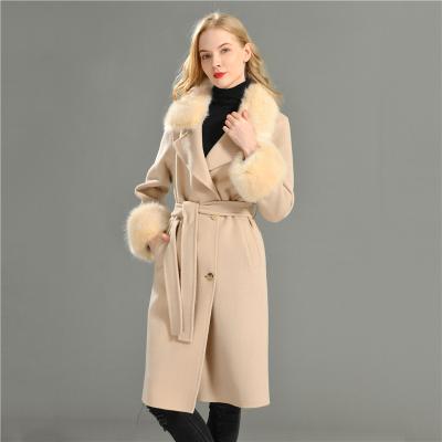 China Hot Selling Anti-Shrink Double Laid Cashmere Coat OEM With Faux Fur Collar Style Women Cashmere Woolen Gap Coat Along for sale