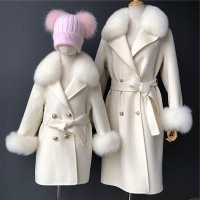 China Hot Selling Anti-Shrink Fox Fur Collar Cashmere Real Wool Coat Mommy and Me Children Coat Long Belt Cashmere Real Fur Coat for sale