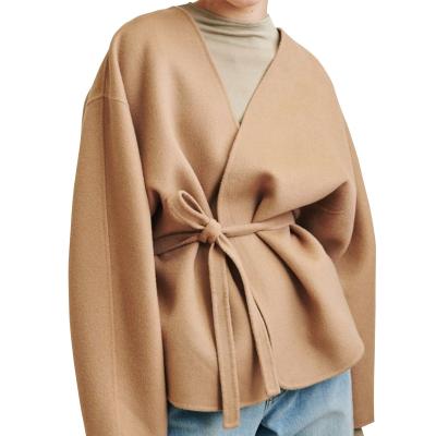 China Lady Belt Cashmere Wool Women's Handmade Coat Sustainable High Quality Cashmere Coat for sale