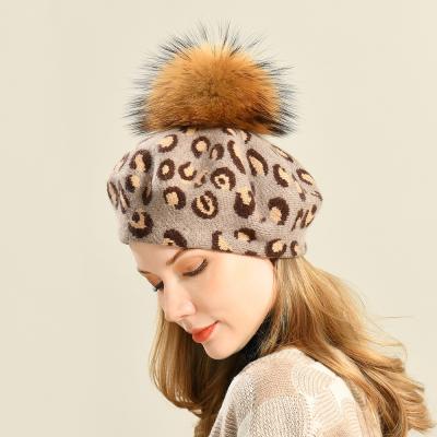 China Cashmere Beret Leopard Image September 2021 Knit Women's Beret With Pom Pom Fur for sale