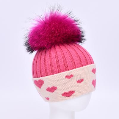 China COMMON Winter Hat With Heart Cute Kids Beanie With Cuff Cashmere Kids Pom Pom Hats for sale