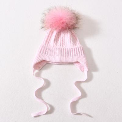 China JOINT Cable Knit Child Pom Hat With Crystals Best Quality Kids Winter Hats Earmuffs Warm Beanies for sale