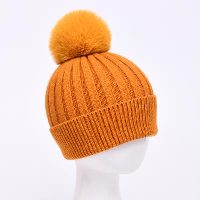 China JOINT Thick Warm Kids Knit Beanie Hat With Faux Fur Ball Pompom Beanie Kids Wool Felt Children Beanie for sale