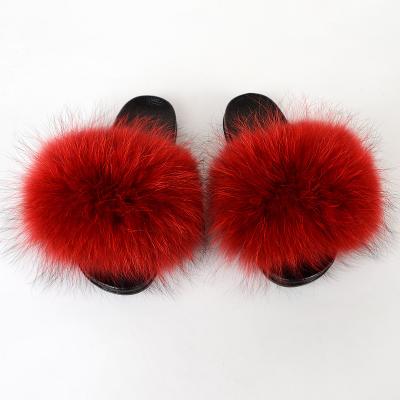 China Wholesale Fashion Trend Real Raccoon Fur Slides Outdoor Women's Fluffy Fur Slippers for sale