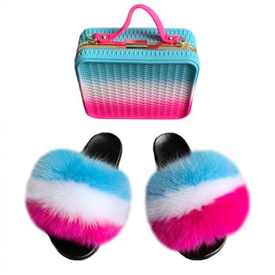 China 2020 Fashion Trend Luxury Fox Fur Slipper With Rainbow Purse Lady Colorful Bags Candy Jelly Hand Bag Real Fur Set Slippers For Women for sale