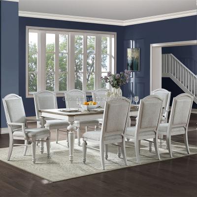 China Top American Rustic Wooden Dining Set Style White Paint Color Dining Table With 8 Chairs for sale