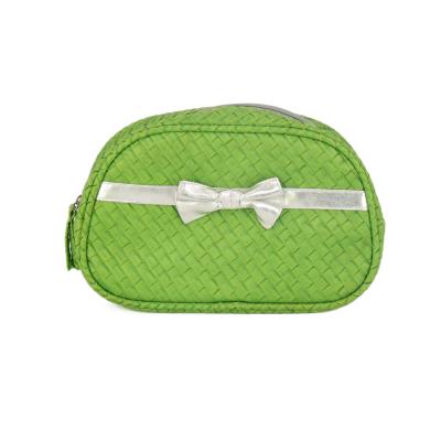 China Free Sample Beauty Makeup Bag Custom Made Luxury Travel Zipper Closure Handled Cosmetic Pouch Bag Green With Bows for sale