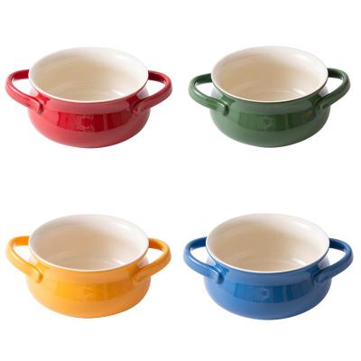 China Sustainable Customized Ceramic Noodle Bowl Binaural Salad Bowl Simple Double Handle Soup Bowl for sale