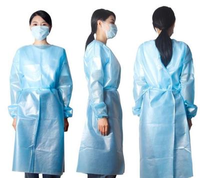 China Blue Gown Disposable Non Woven PP PE Hooded Disposable Protective Gown for sale