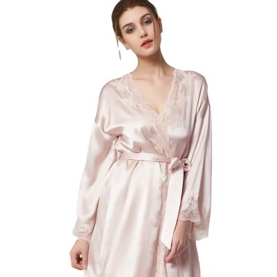 China Breathable Silk Satin Elastane Long Kimono Long Robe Lace Trim Balanced For Bridesmaid High Quality for sale