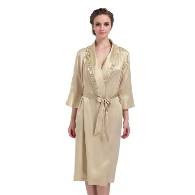 China Noble New Arrival 100 Vintage Champagne V-Neck Lapel Three-Quarter Bathrobe in Breathable Silk with Front Ruffles for sale