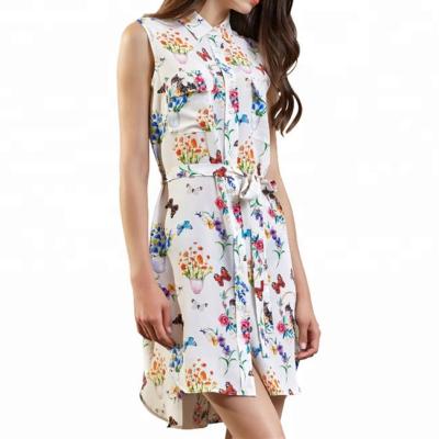 China Factory Wholesale 100% Breathable Pure Silk Printing CDC Digital Casual Sleeveless Flap Pocket Shirt Dress For Women for sale