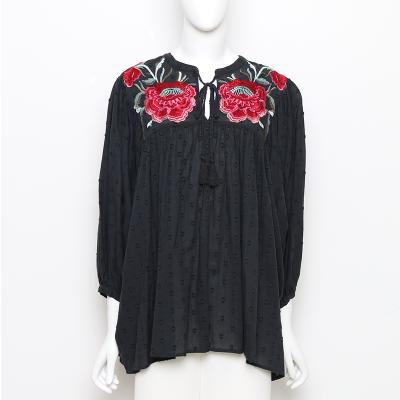 China Newest Design Peony Embroidery Long Sleeve Warm Elegant Cotton 100% Fancy Blouse QUICK DRY for sale