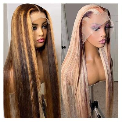 China HD Straight Transparent Blonde Full Lace Hair Wigs Accented Lace Front Colored Ombre Highlight Lace Front Wigs For Black Women for sale