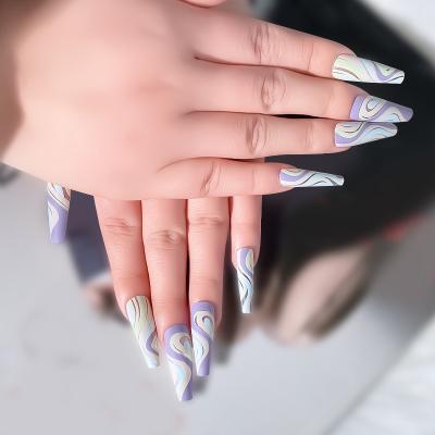 China Easy Wear Nail Scrub Simple Streamline Rainbow Long Wear Green Line Nail Piece Removable Finished Product for sale