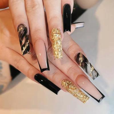 China Easy Wear Nail Dressing Shiny Black Gold European And American Super Long Piece Finished Patch Wear Nail for sale