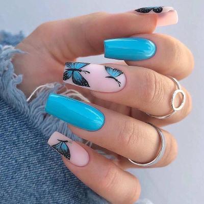 China Easy Wear Butterfly Manicure Sky Blue Wearing Fake Nails Medium And Long Press On Nail Detachable for sale