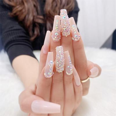 China Handmade High Quality Ballerina Nail Design Easy Wear 24pcs/box Long Press On Nails With Rhinestone Pink Glitter for sale