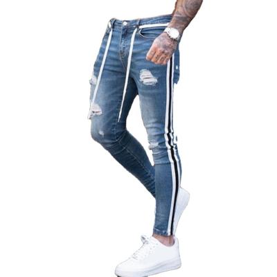 China New Design Breathable Streetwear Customized Striped Pants Mens Skinny Denim Long Jeans With Broken 2021 for sale