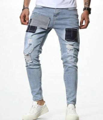 China 2021 wholesale streetwear light blue washed patch breathable distressed slim fit men jeans long pants for sale