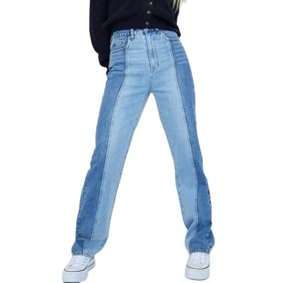 China Fashionable blue patchwork high waisted color denim 2021 Fade Proof High quality cotton straight fit women's 100% jeans for sale