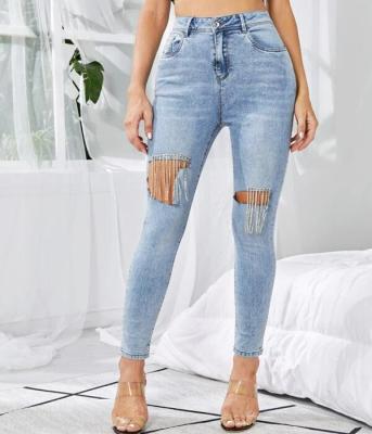 China Color Fade Proof 2021 Best Selling Fashionable High Waist Women Jeans Skinny Denim Long Pantyhose With Tassel for sale