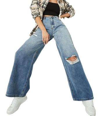 China Color Fade Proof Streetwear Friend Straight Fit Denim Blue Long Pants High Waist Ripped Loose Jeans 2020 Women for sale