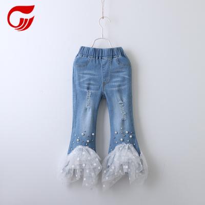 China Color Fade Proof Factory OEM Girls Jeans Pants With Patchwork Trousers Beading Lace Veil for sale