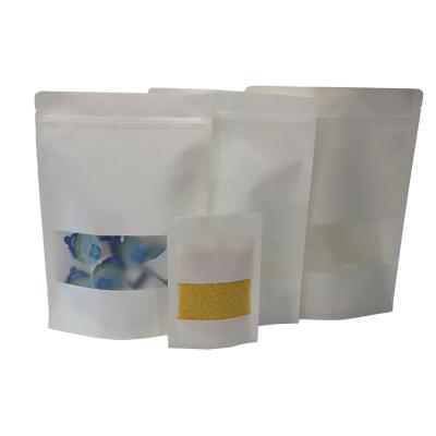 China Custom Biodegradable Aluminum Lined Paper Packaging Doypack Waterproof Ziplock Food Wrapping Bags Recyclable Plain White Bags With Window for sale