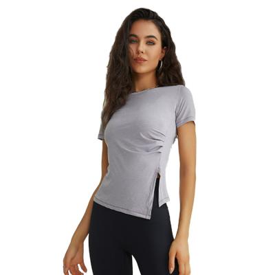 China Summer New Breathable Quick-drying Yoga Clothes Women's Slim T-shirt Split Short-sleeved Tops Running Sports Fitness Clothing Plus Size for sale