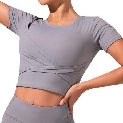 China 2022 New Navel Short Sleeve T-shirt Breathable Bare Stretch Sports Yoga Fitness Top Women Clothes Women Summer for sale