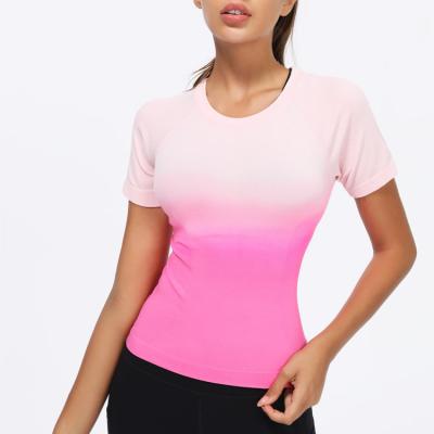 China Breathable Short Sleeve Sports Women's Quick-drying Gradient Yoga Clothes Summer Elastic T-shirt Fitness Tight Top for sale