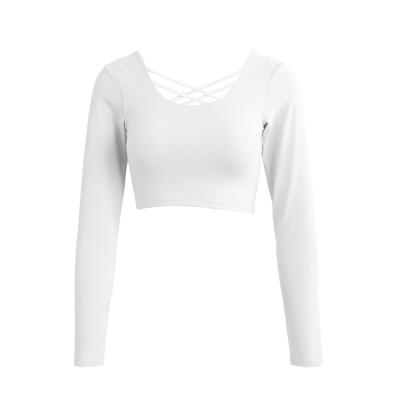 China New autumn and winter chest protection yoga breathable back long sleeve clothes beautiful tops women's fitness sports T-shirts short tight women for sale