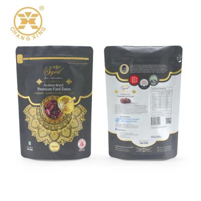 China Logo Printed Golden Design Barrier Customized Stand Up Aluminum Foil Food Grade Arabic Dates Packaging Bag With Zip Lock for sale