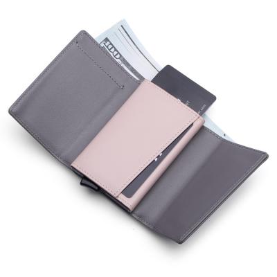 China Aluminum RFID Metal Coin Pocket Pop Up Slim Business Card Holder Smart Wallet Leather Men for sale