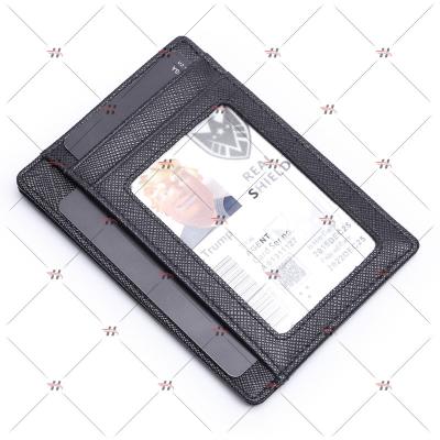 China Classic Cross-grain Mini Pocket Identification Window RFID Credit Card Slim Blackening Leather Holder Anti-theft for sale