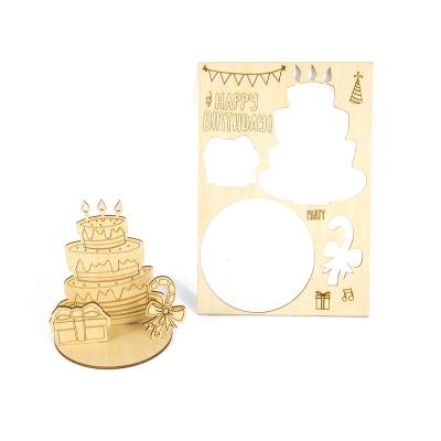 China Europe Happy Birthday Decoration Gifts Laser Engraving Cake On Wooden Happy Birthday Greeting Cards for sale