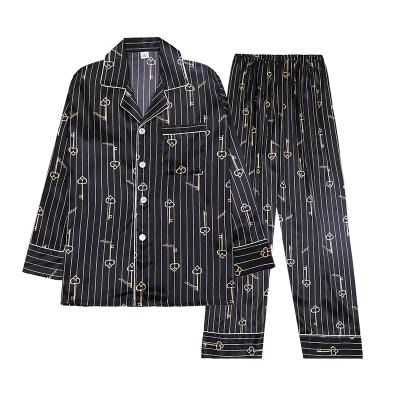 China Breathable Striped Print Silk Satin Mens 2 Piece Pajamas Lounge Wear Sleepwear for sale