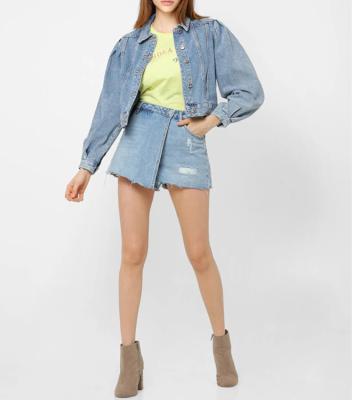 China QUICK DRY cropped distressed puff sleeve style fitted washed ripped denim lattice jacket for ladies for sale