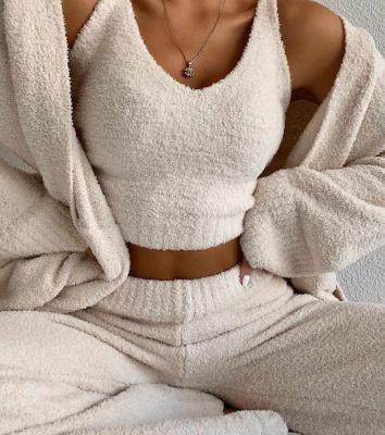 China New Fashion Women QUICK DRY Fluffy V-neck Sweater Sleeveless Waist Hollow Out Pants Pants Tracksuits Sweat Suit 2 Pieces Set for sale